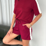 Osy Modal yumuşak dokulu Kumaş Kadın Parçalı Bisiklet Yaka T-shirt Kısa Şort İkili Takım - Bordo