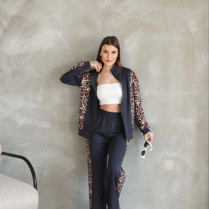 Osy Modal Yumuşak Dokulu Kapüşonlu Leopar Desenli Fermuarlı Takım - Antrasit