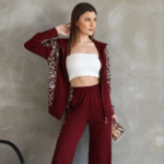 Osy Modal Yumuşak Dokulu Kapüşonlu Leopar Desenli Fermuarlı Takım - Bordo