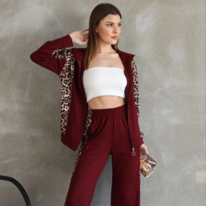 Osy Modal Yumuşak Dokulu Kapüşonlu Leopar Desenli Fermuarlı Takım - Bordo