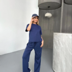 Osy Modal Yumuşak Dokulu Kumaş Kısa Kollu Bluz Rahat Pantalon ikili Takım- Lacivert
