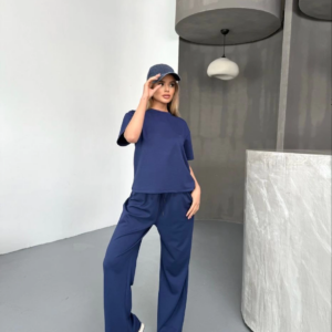 Osy Modal Yumuşak Dokulu Kumaş Kısa Kollu Bluz Rahat Pantalon ikili Takım- Lacivert