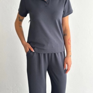 Osy Modal Yumuşak Dokulu Kumaş Kısa Kollu Yakalı T-shirt Pantalon ikili Takım- Antrasit