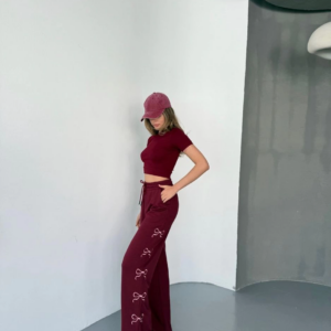 Osy Modal Yumuşak Dokulu Kumaş Nakış işlemeli Rahat Bol Paça Eşofman Pantalon - Bordo