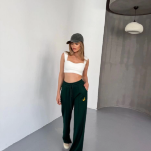 Osy Modal Yumuşak Dokulu Kumaş Nakış işlemeli Rahat Bol Paça Eşofman Pantalon - Yeşil