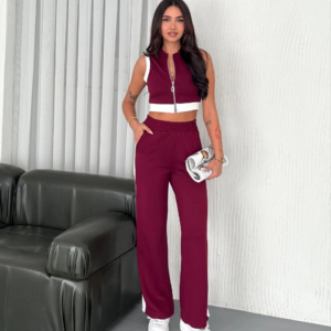 Osy Modal Yumuşak Dokulu Kumaş Tam Fermuarlı Crop Pantalon İkili Takım - Bordo