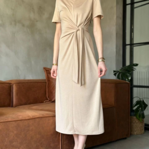 Osy Modal Yumuşak Dokulu Yandan Bağlamalı Elbise - Bej