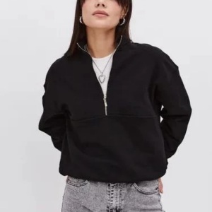 Oversize Yarım Farmuarlı Yakalı Basic SweatShirt - Siyah