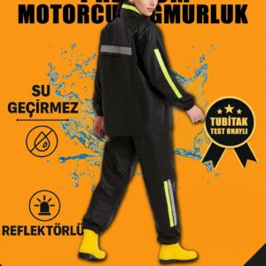 Premium Kadın Motorcu Kurye Yağmurluk Takım Su Geçirmez PVC Reflektörlü TÜBİTAK - Siyah