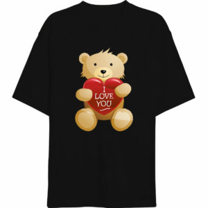Sevgililer Günü İçin Özel Tasarım I Love You Ayı Baskılı T-shirt - Siyah