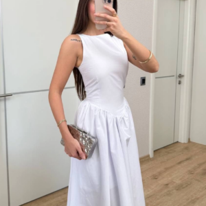 Sifir Kol Beli Oturtmalı Kolsuz Uzun Elbise - Beyaz