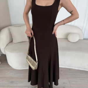 Sırt Dekolteli Kolsuz Uzun Elbise - Kahverengi