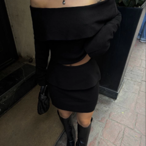 Straplez , Madonna , Carmen Yaka Croplu Mini Etekli ikili Takım Triko - Siyah