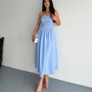 Straplez Pileli Elbise - Açık Mavi