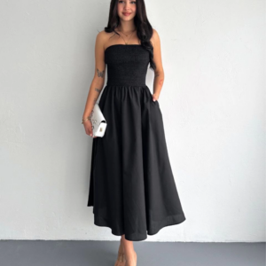 Straplez Pileli Elbise - Siyah