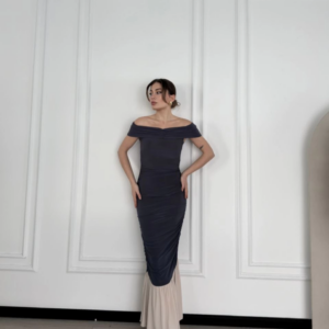 Striptiz Omuzlu Uzun Elbise- Füme