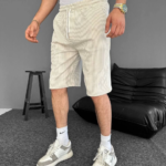 Su Yolu Çizgili Ön Arka Cepli Şort Yazlık Nefes Alabilir - Bej