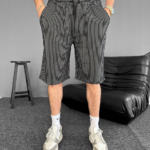 Su Yolu Çizgili Ön Arka Cepli Şort Yazlık Nefes Alabilir - Siyah