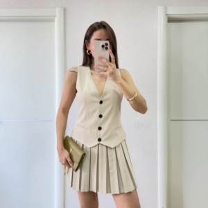 Keten Takım Görünümlü Düğme Detaylı Yelekli Mini Elbise - Bej