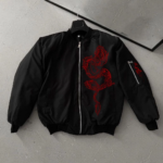 Erkek Siyah Bomber Mont Kırmızı Ejderha Desenli Fermuarlı Cepli Kapitone Astarlı - Siyah