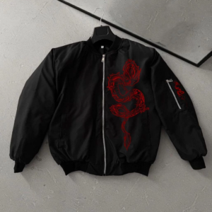 Erkek Siyah Bomber Mont Kırmızı Ejderha Desenli Fermuarlı Cepli Kapitone Astarlı - Siyah