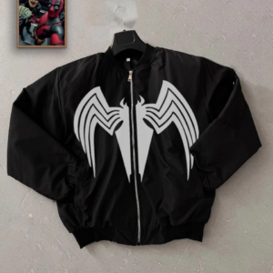 Kadın Siyah Bomber Mont Venom Beyaz Örümcek Logolu Fermuarlı Cepli Kapitone - Siyah