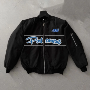 Kadın Siyah Bomber Mont Parliament Yazılı Fermuarlı Cepli Kapitone Astarlı - Siyah