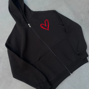 Üç İplik Baskılı Fermuarlı Kapüşonlu Hırka - Siyah