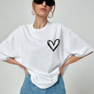 Kadın Kalp Baskılı Oversize T-Shirt - Beyaz