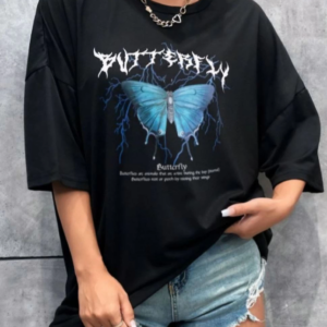 Kadın kelebek Baskılı Oversize T-Shirt - Siyah