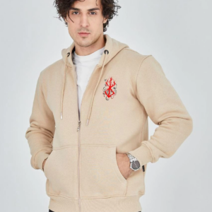 ERKEK Baskılı Tam Fermuarlı Kapşonlu SweatShirt - Bej