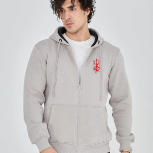 ERKEK Baskılı Tam Fermuarlı Kapşonlu SweatShirt - Boyalı Gri