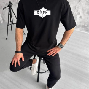 ERKEK Bisiklet Yaka Baskılı Oversize T-Shirt - Siyah