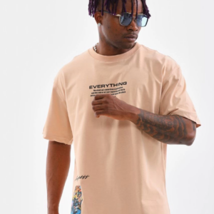 Erkek  Bisiklet Yaka Baskılı Oversize T-Shirt - Bej