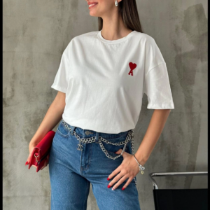 kadın Bisiklet Yaka Baskılı Oversize T-Shirt - Beyaz