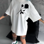 kadın  Bisiklet Yaka Baskılı Oversize T-Shirt - Beyaz