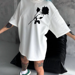 kadın  Bisiklet Yaka Baskılı Oversize T-Shirt - Beyaz