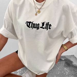 kadın  Bisiklet Yaka Baskılı Oversize T-Shirt - Beyaz