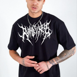 Erkek  Bisiklet Yaka Baskılı Oversize T-Shirt - Siyah