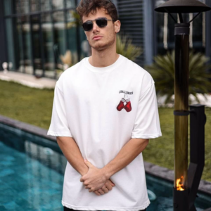 Erkek Bisiklet Yaka Baskılı Oversize T-Shirt - Beyaz