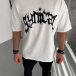 ERKEK Bisiklet Yaka Baskılı Oversize T-Shirt - Beyaz