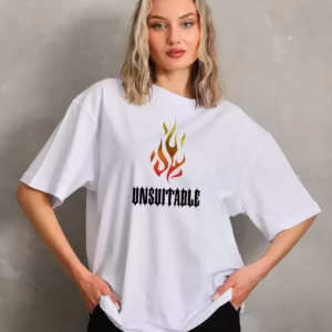 kadın Bisiklet Yaka Baskılı Oversize T-Shirt - Beyaz