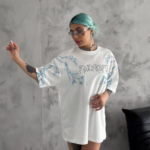 Kadın Bisiklet Yaka Baskılı Oversize T-Shirt - Beyaz