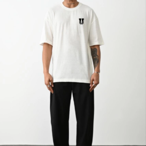 Erkek  Bisiklet Yaka Baskılı Oversize T-Shirt - Beyaz