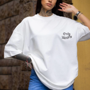 kadın Bisiklet Yaka Baskılı Oversize T-Shirt - Beyaz