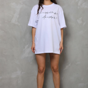 kadın Bisiklet Yaka Baskılı Oversize T-Shirt - Beyaz