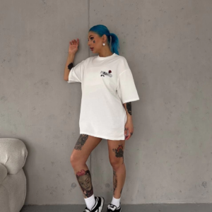 kadın Bisiklet Yaka Baskılı Oversize T-Shirt - Beyaz