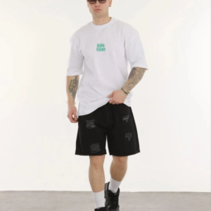 ERKEK Bisiklet Yaka Baskılı Oversize T-Shirt - Beyaz