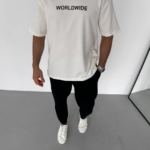 Erkek Bisiklet Yaka Baskılı Oversize T-Shirt - Beyaz