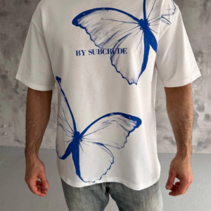 Erkek  Bisiklet Yaka Baskılı Oversize T-Shirt - Beyaz